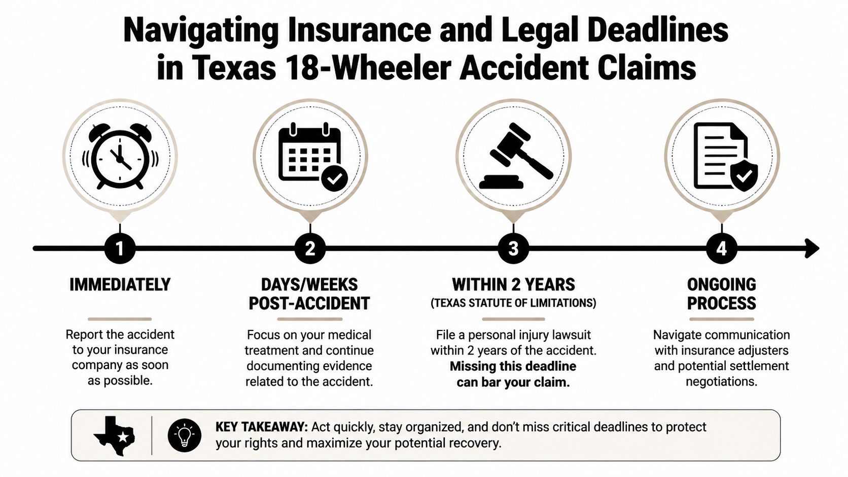 A timeline graphic outlining critical legal and insurance deadlines for Texas 18-wheeler accident claims.