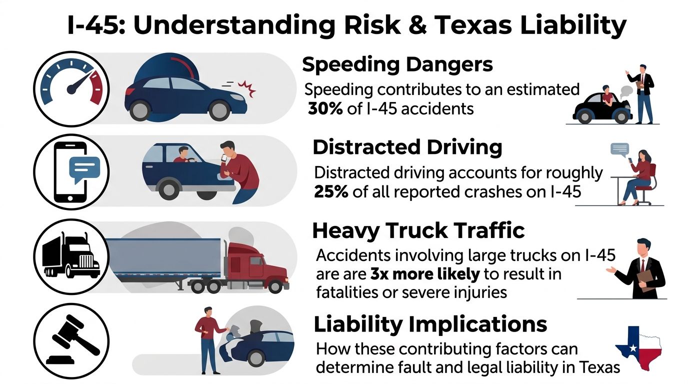 An infographic detailing major accident factors on I-45, including speeding, distracted driving, and heavy truck traffic.