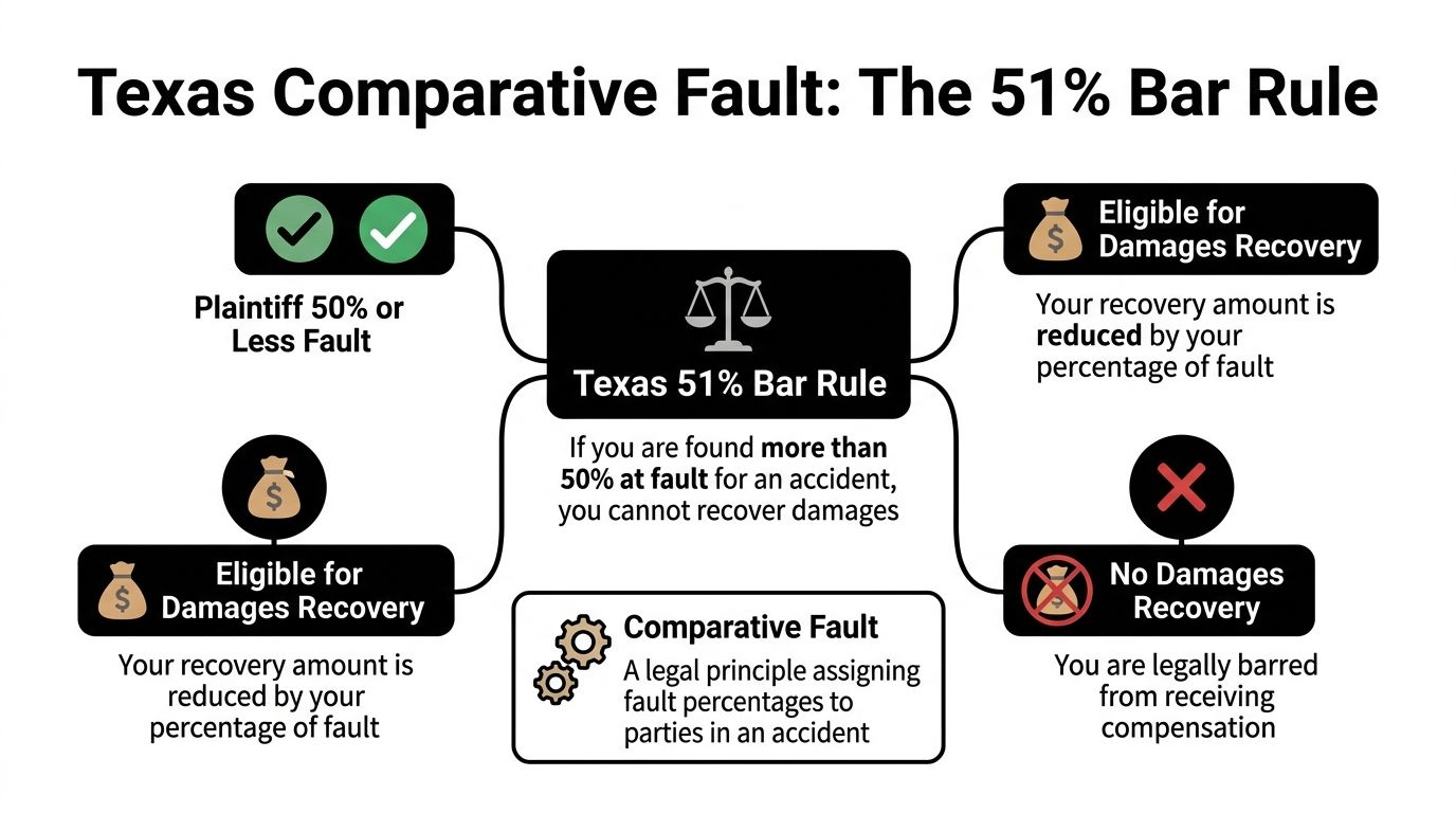 A diagram explaining the Texas 51% Bar Rule for comparative fault in accident personal injury cases.