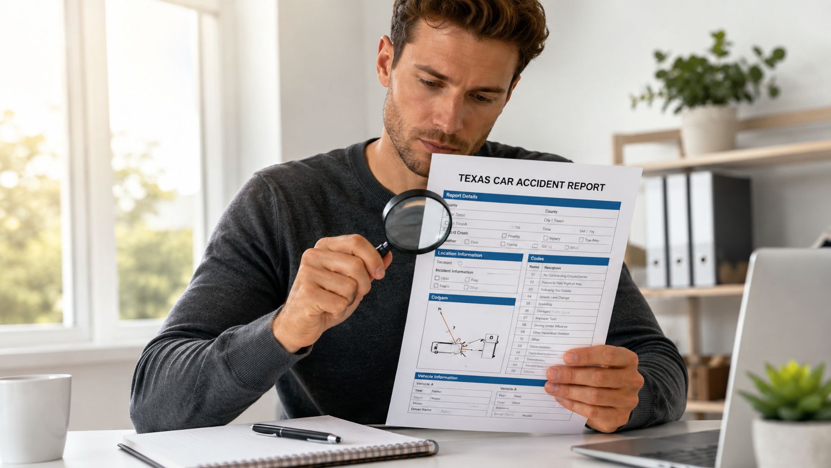 A focused man examines a Texas car accident report document with a magnifying glass at his desk.