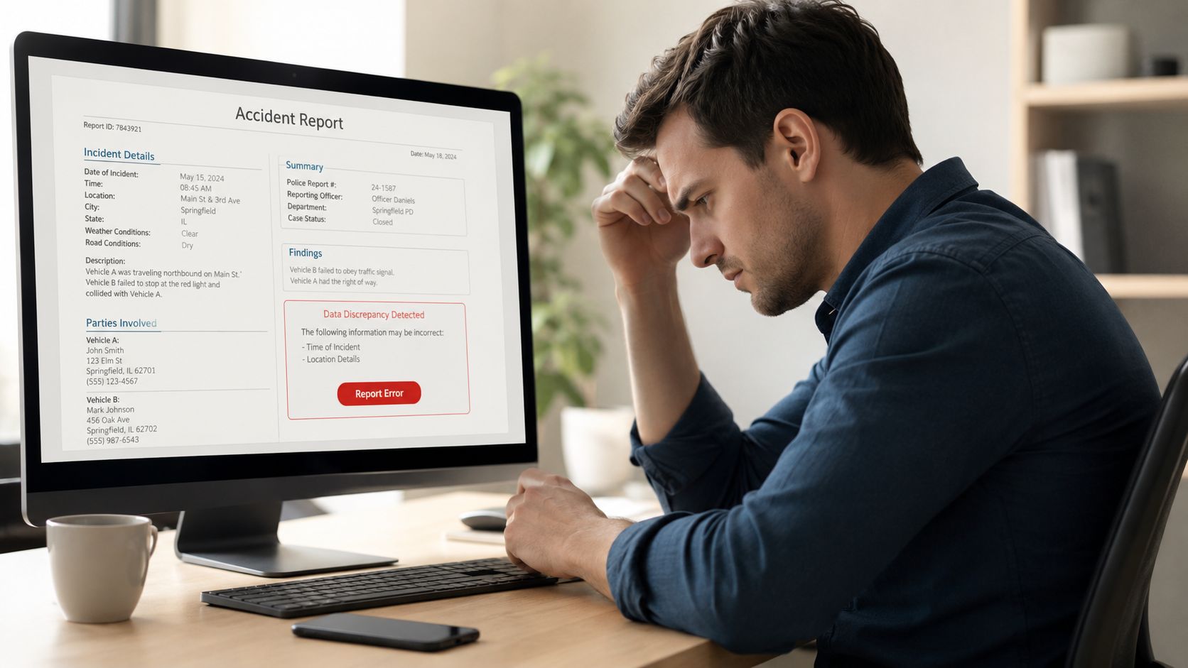 A concerned man sitting at his desk looking at a digital accident report on his computer screen.