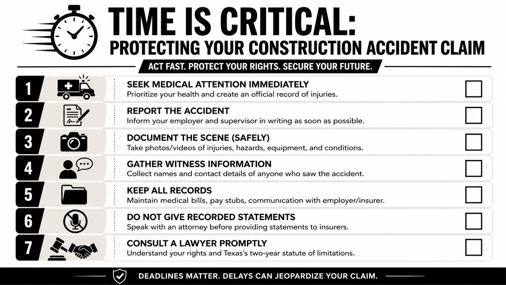 An infographic titled Time Is Critical outlining seven essential steps for protecting a construction accident claim.