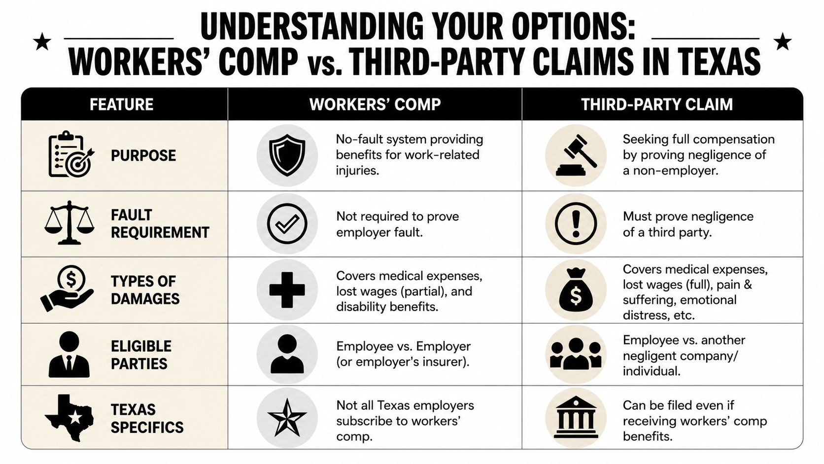 A comparison chart outlining differences between workers' compensation and third-party injury claims for Texas employees.
