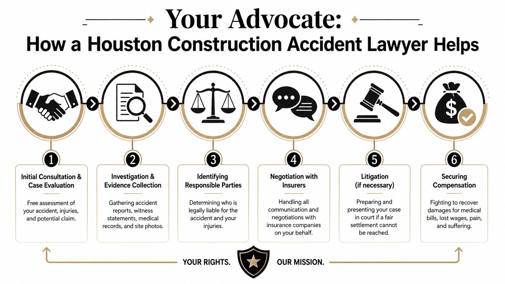 A flowchart infographic explaining the six steps a Houston construction accident lawyer takes to help victims.