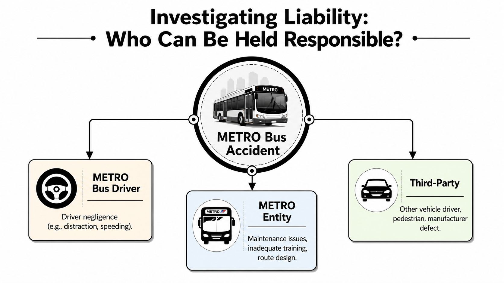 An infographic titled Investigating Liability, showing parties that can be held responsible in a METRO bus accident.