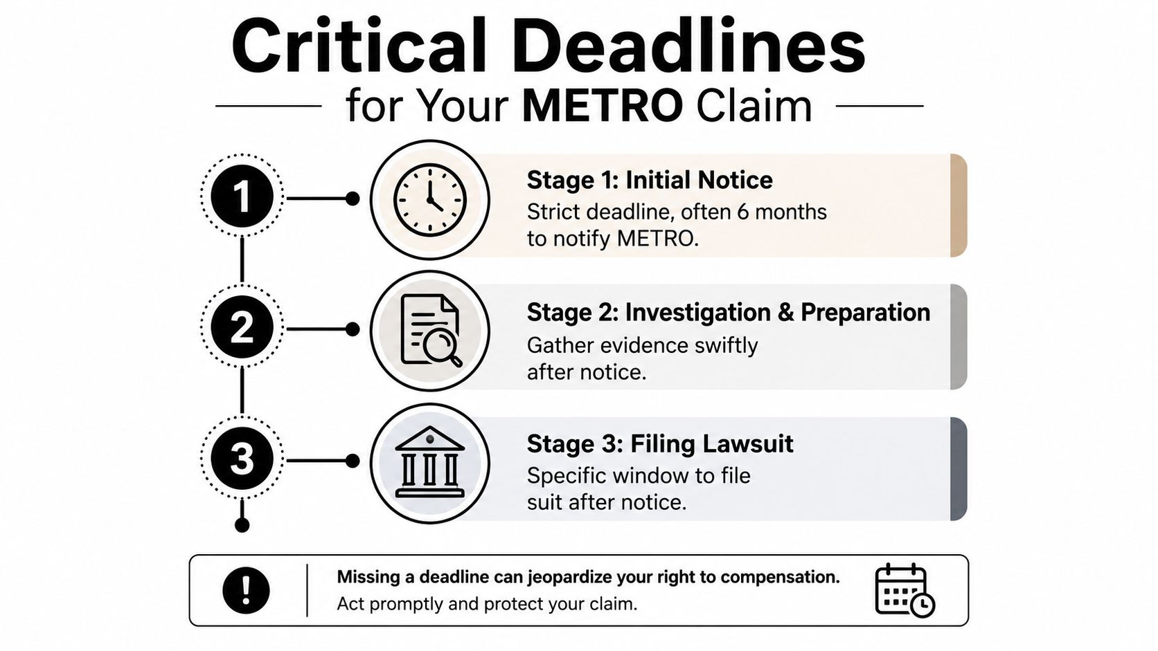 A timeline graphic outlining three critical stages for filing a legal claim against Houston METRO transportation services.