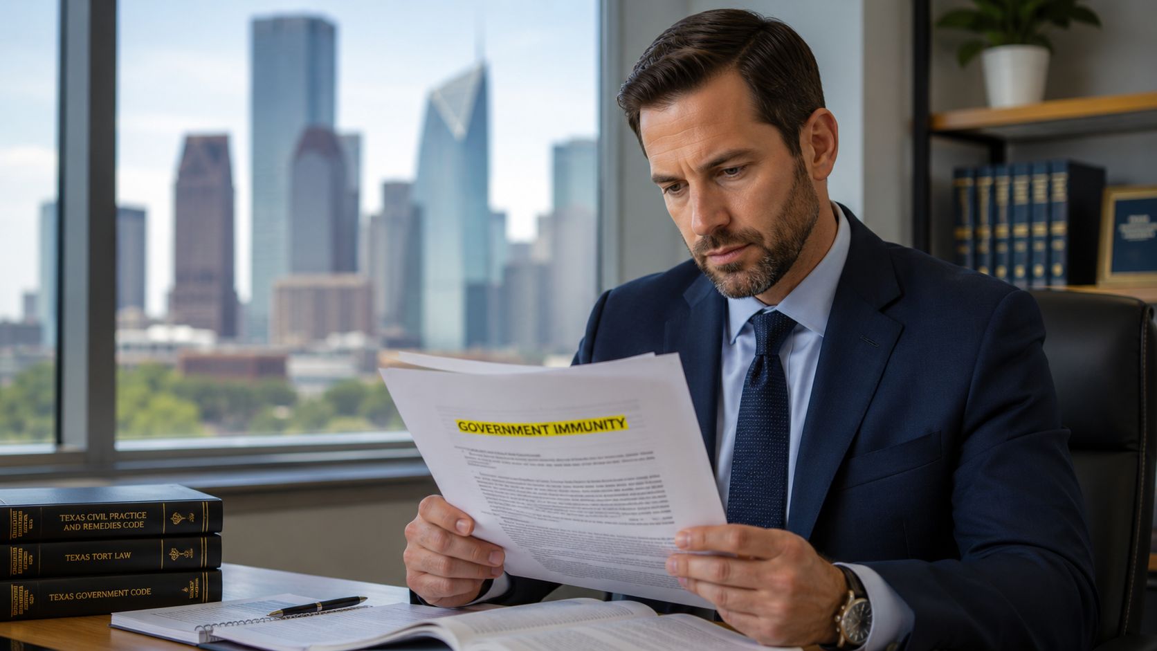 A professional lawyer reviews a document about government immunity while working in a modern Houston office.