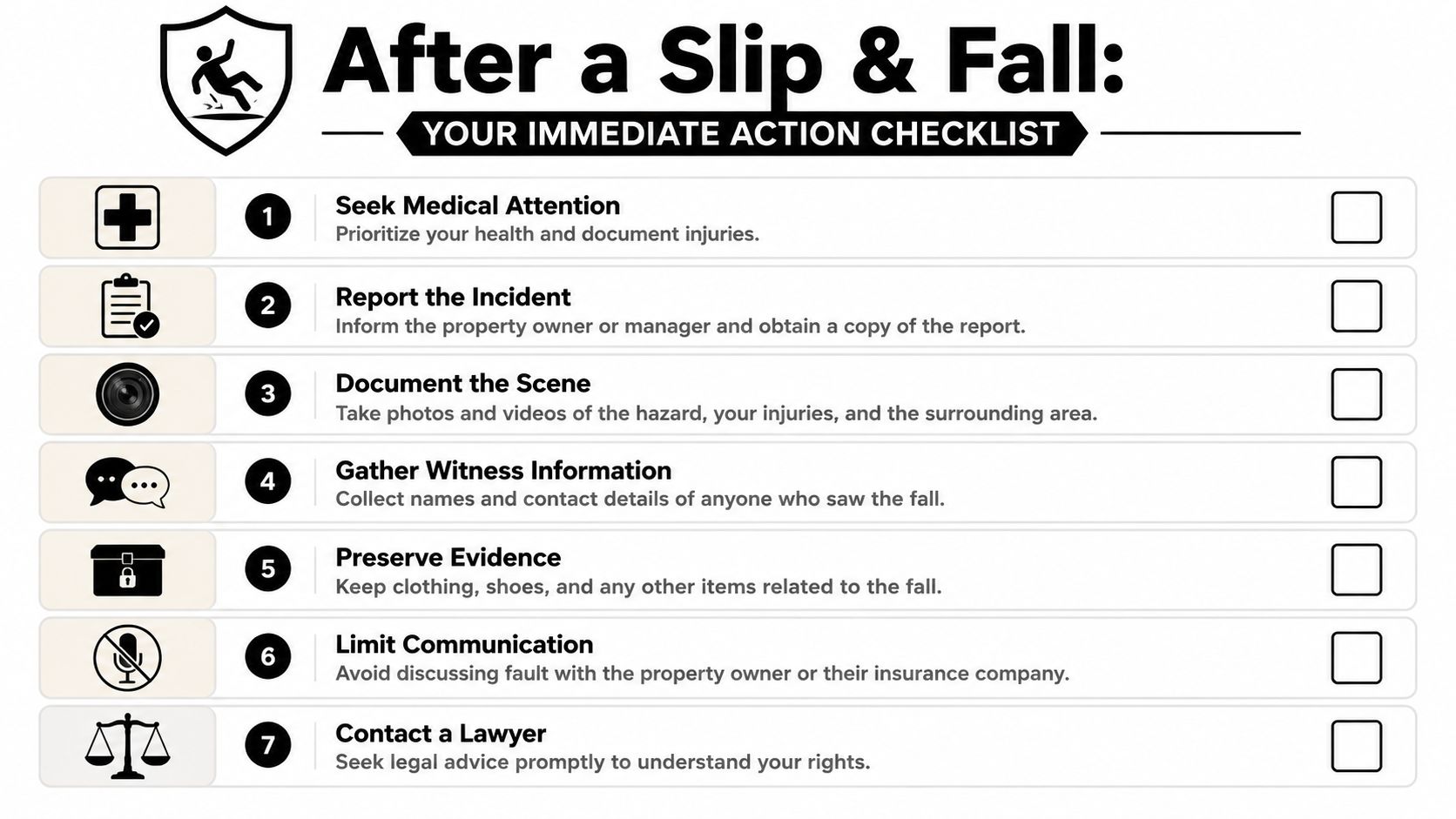 A checklist infographic outlining seven immediate steps to take following a slip and fall accident.