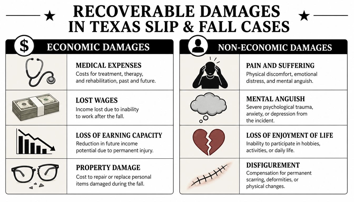 A chart detailing the different types of economic and non-economic damages in Texas slip and fall cases.
