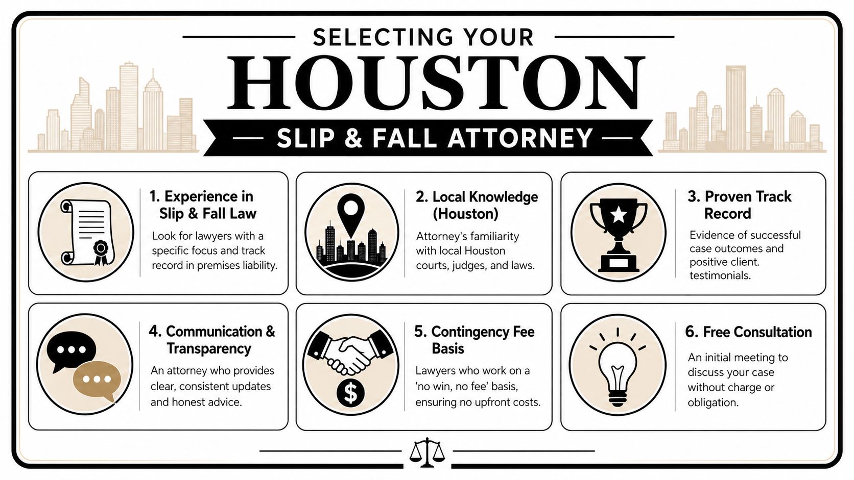 An infographic titled Selecting Your Houston Slip and Fall Attorney, listing six key criteria for choosing legal representation.