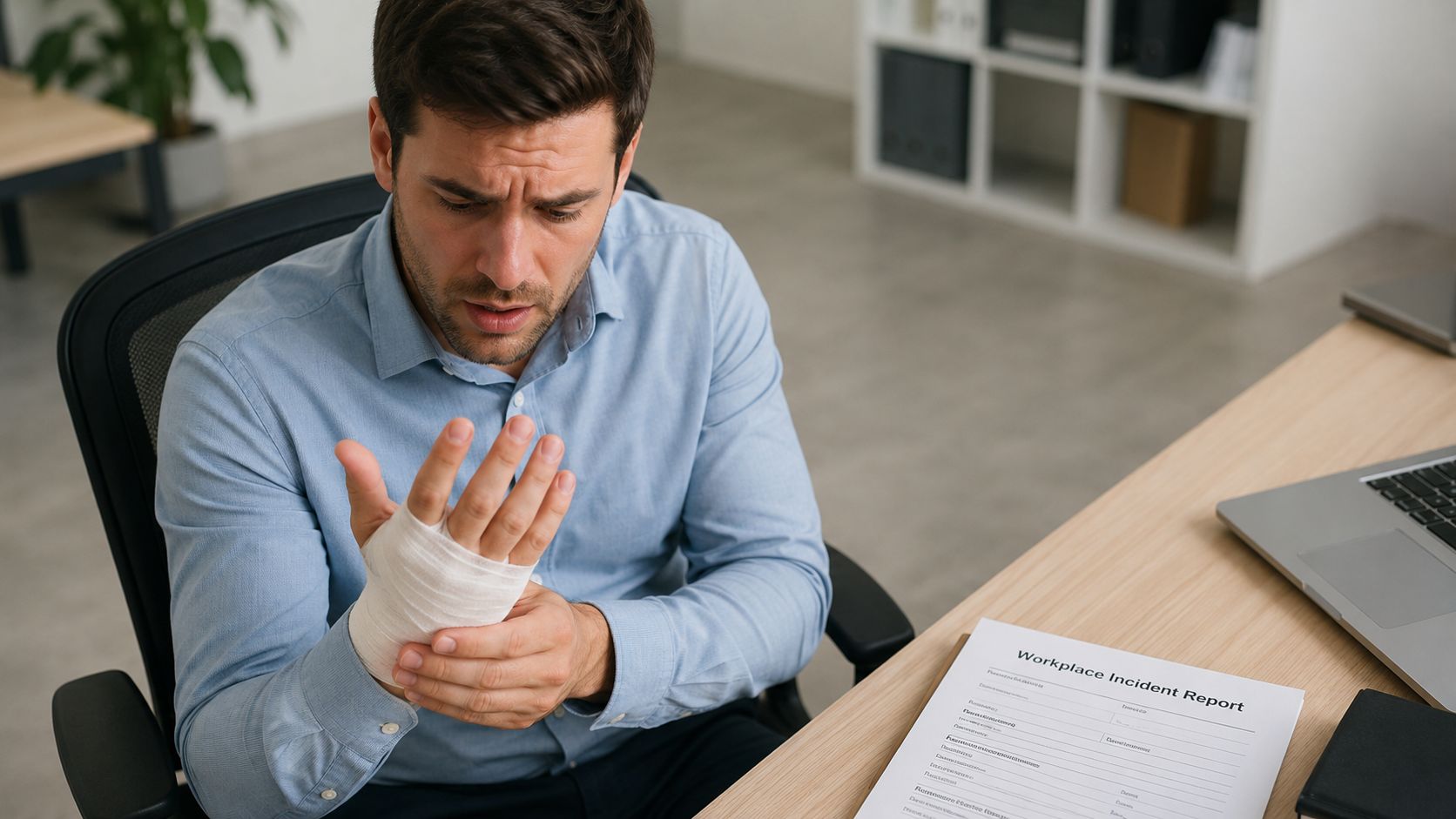 A man in a button-down shirt looks distressed while holding his injured, bandaged hand at his office desk.