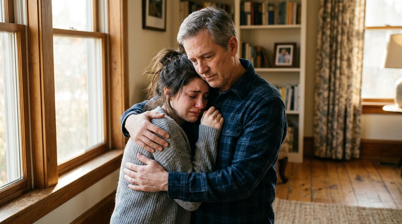 An older man comforts a young crying woman in a living room, offering emotional support and empathy.