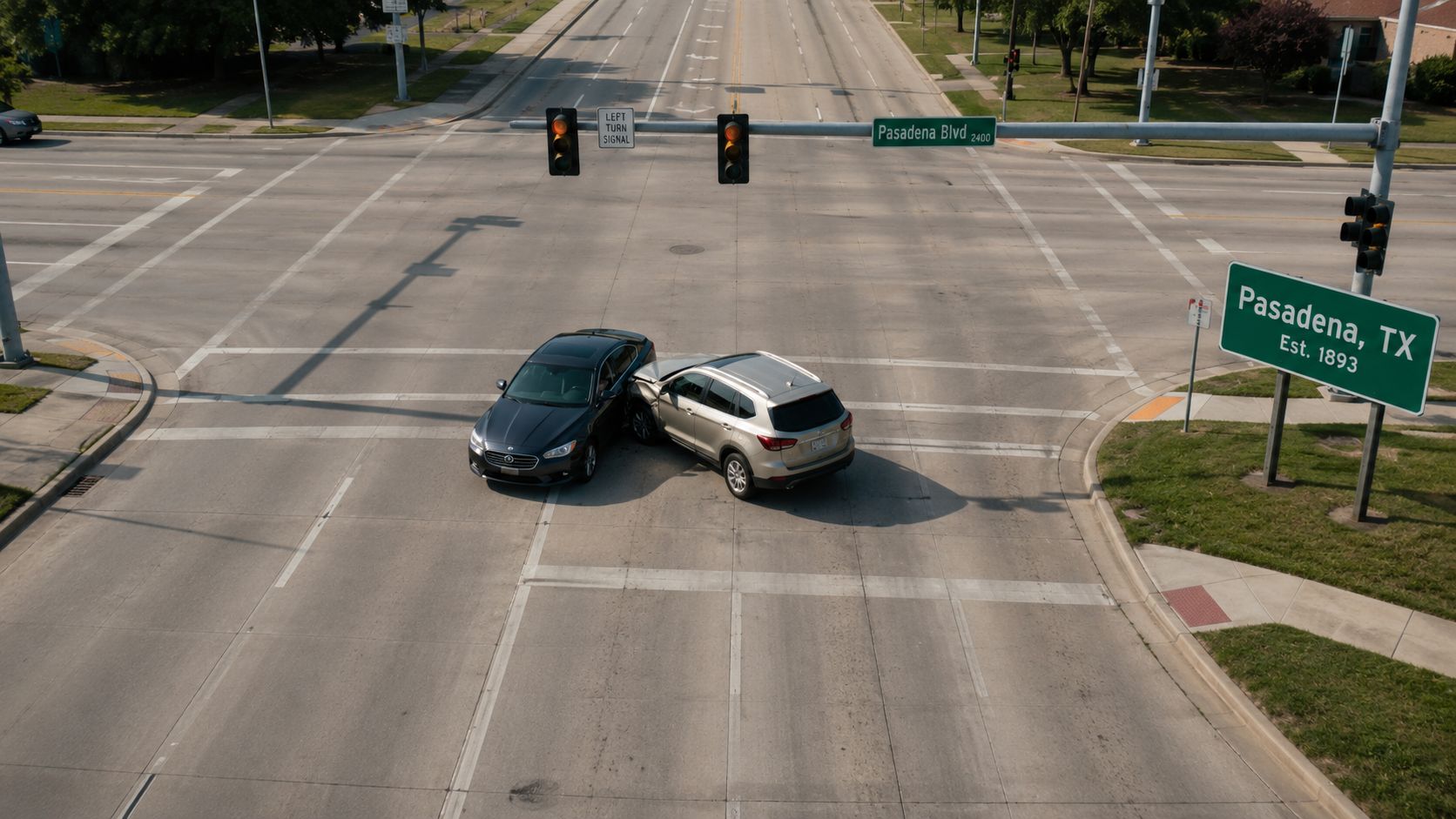 A high-angle view of a car accident between a dark sedan and a silver SUV at an intersection.