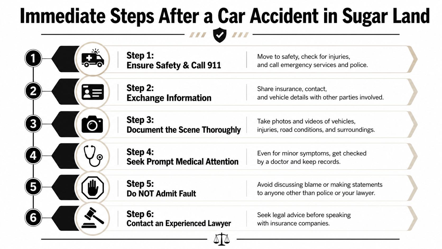 An infographic showing six essential steps to take immediately following a car accident in Sugar Land, Texas.