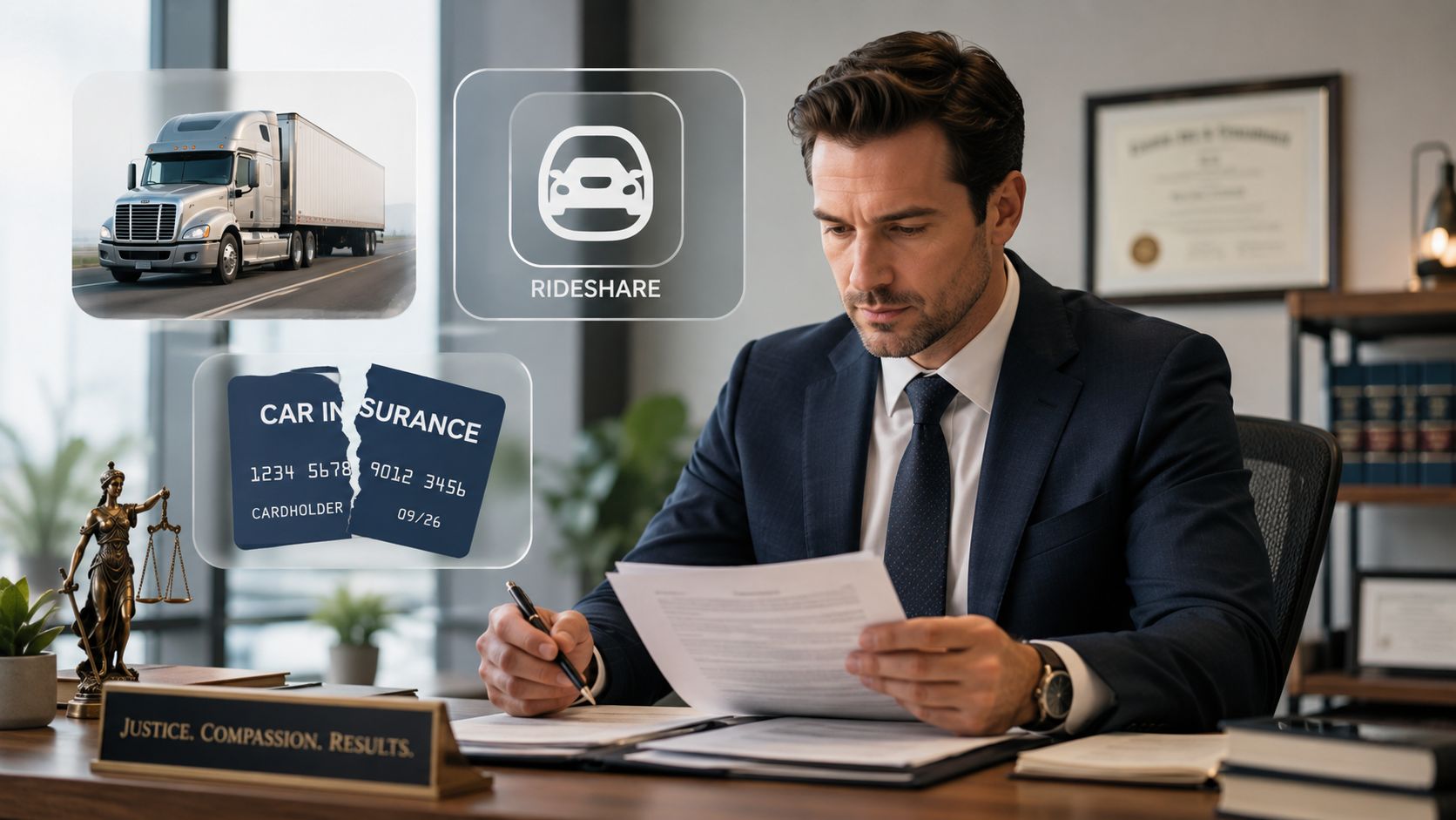 A professional attorney reviewing legal documents with overlay icons representing trucking, rideshare, and car insurance coverage issues.