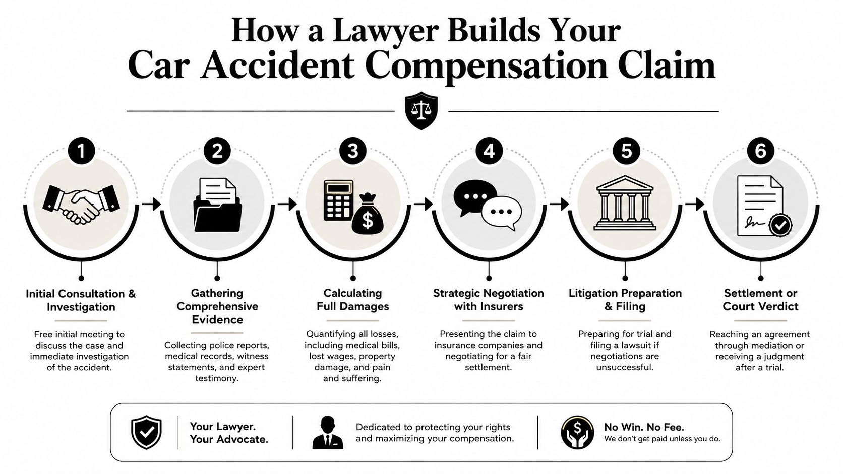 A step-by-step infographic illustrating the legal process of building a car accident compensation claim with an attorney.