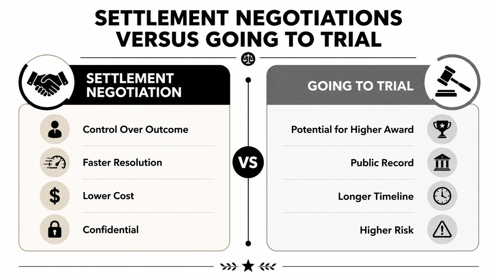 A comparison chart showing the advantages and disadvantages of legal settlement negotiations versus going to trial.