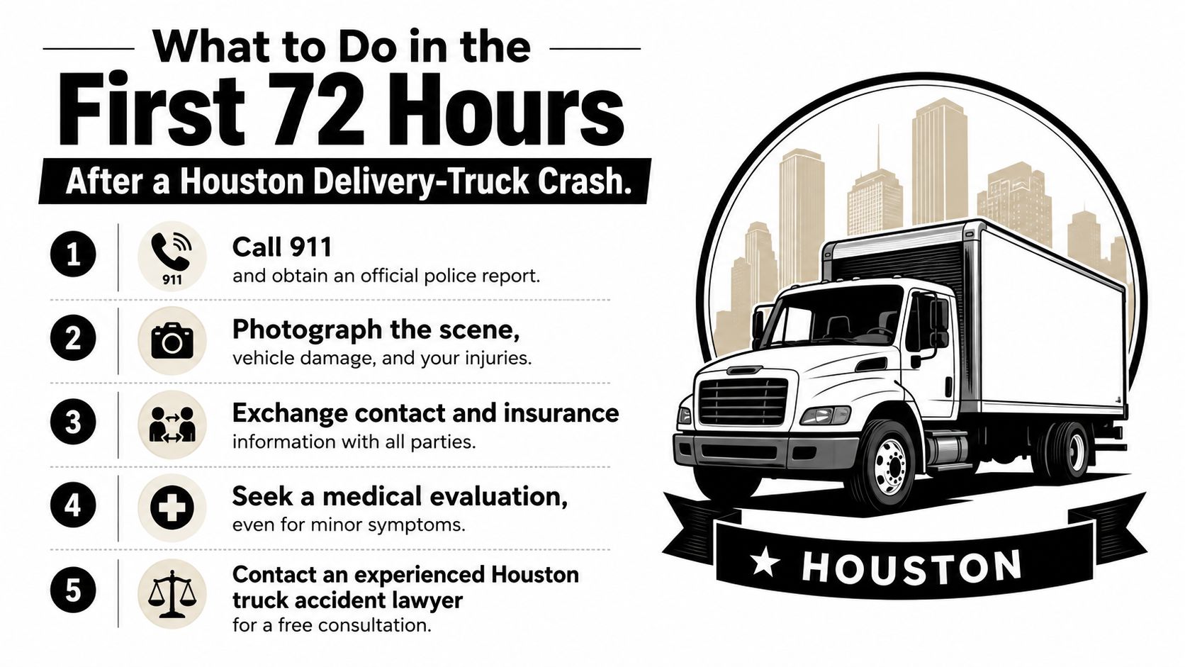 An infographic titled What to Do in the First 72 Hours After a Houston Delivery-Truck Crash.