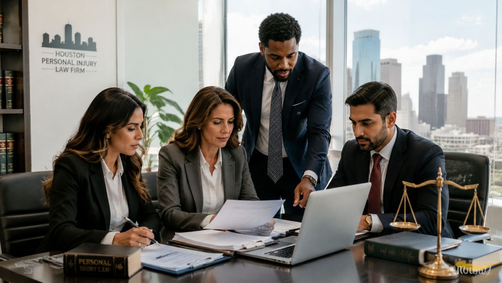 A professional team of four lawyers collaborating on a case at a modern Houston law firm office.