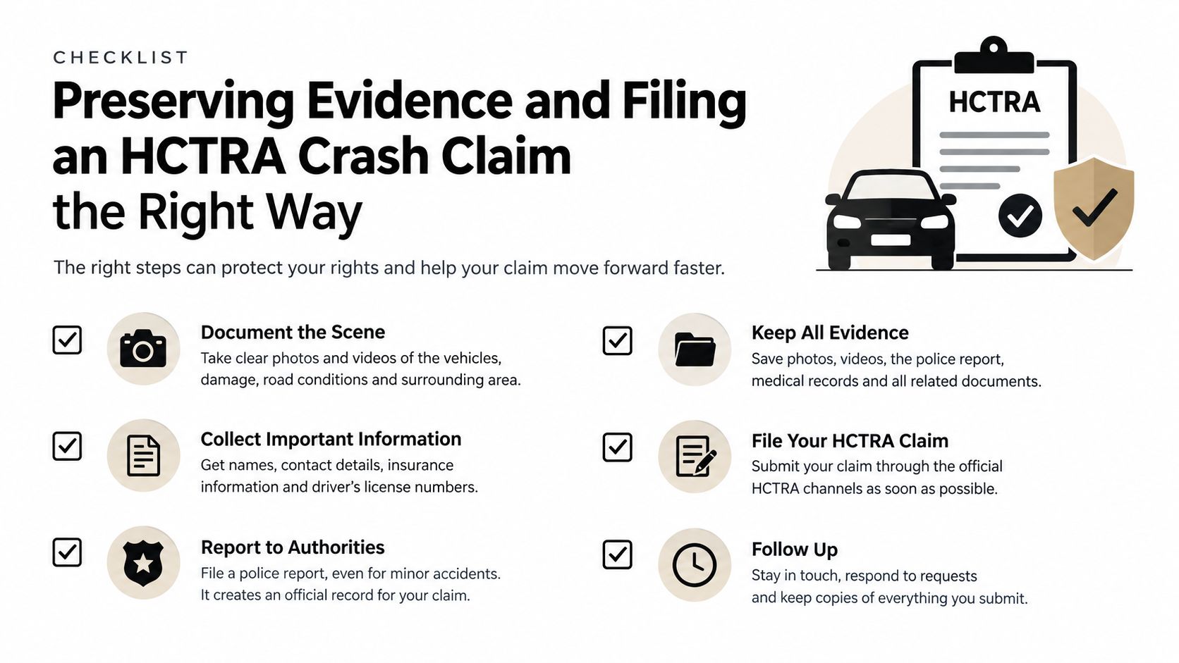 A checklist infographic detailing the necessary steps to document and file an HCTRA crash claim correctly.