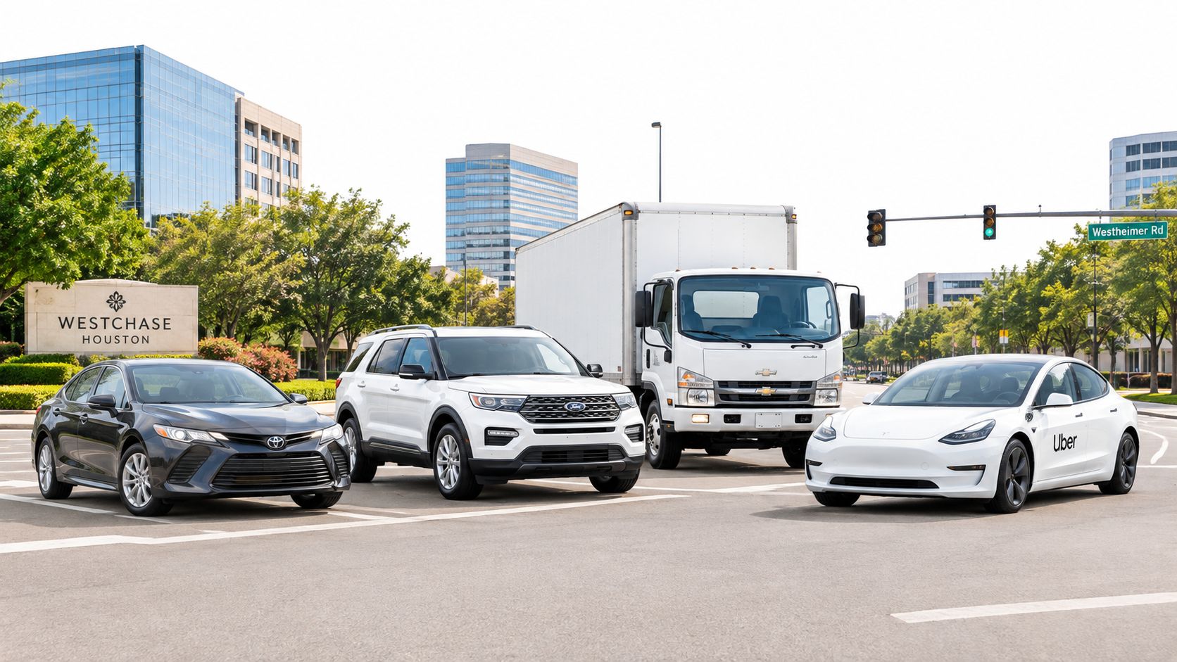 A diverse lineup of vehicles including a sedan, SUV, truck, and electric car near a Westchase Houston sign.